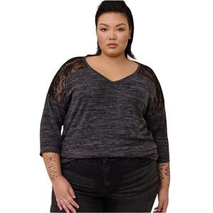 Torrid Relaxed Fit Super Soft Plush V-Neck Lace Yoke Dolman Top XL